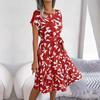 Spring Summer Women Short Sleeve Floral Pleated High Waist A Line Long Dress S-XL