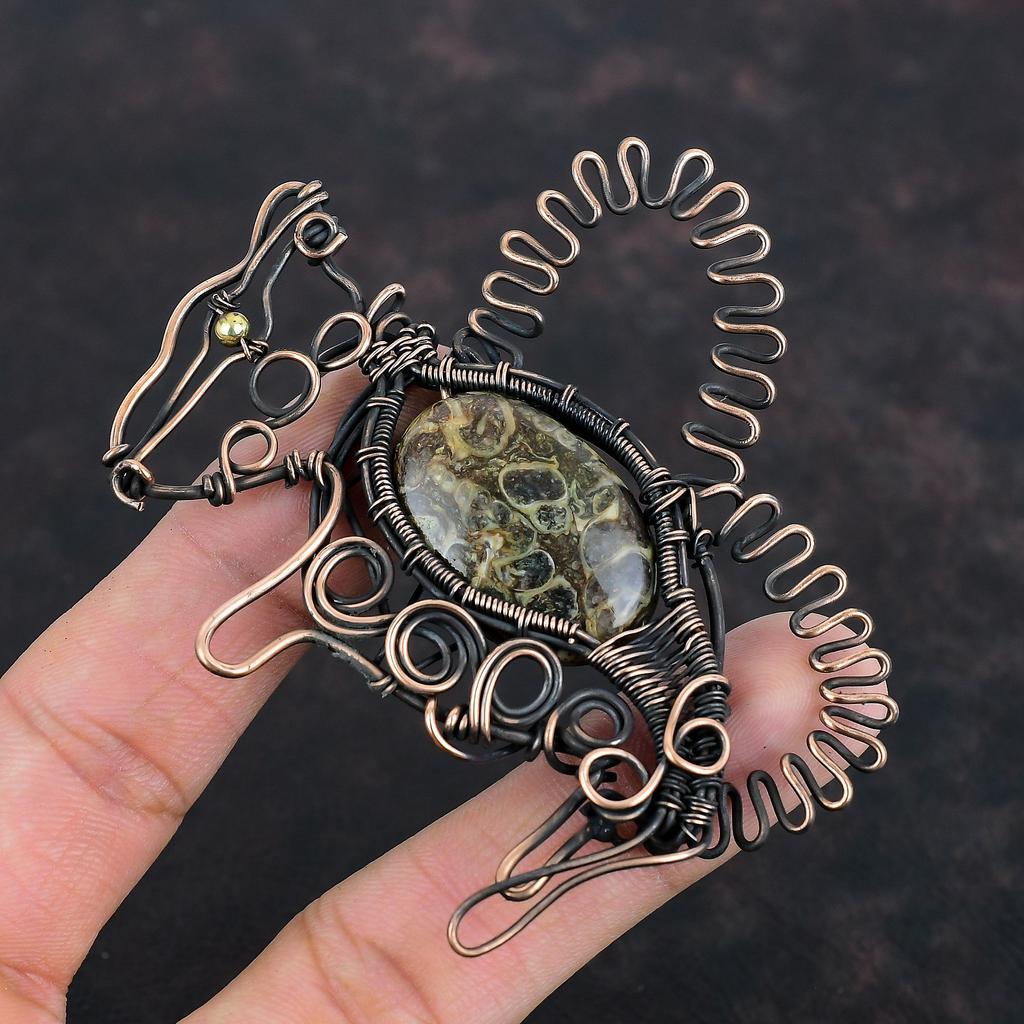 Turritella Agate Pendant Copper Wire Wrapped Pendant Handmade Copper Jewelry Gemstone Rabbit Pendant Dainty Wire Wrap Jewelry Wedding Gifts