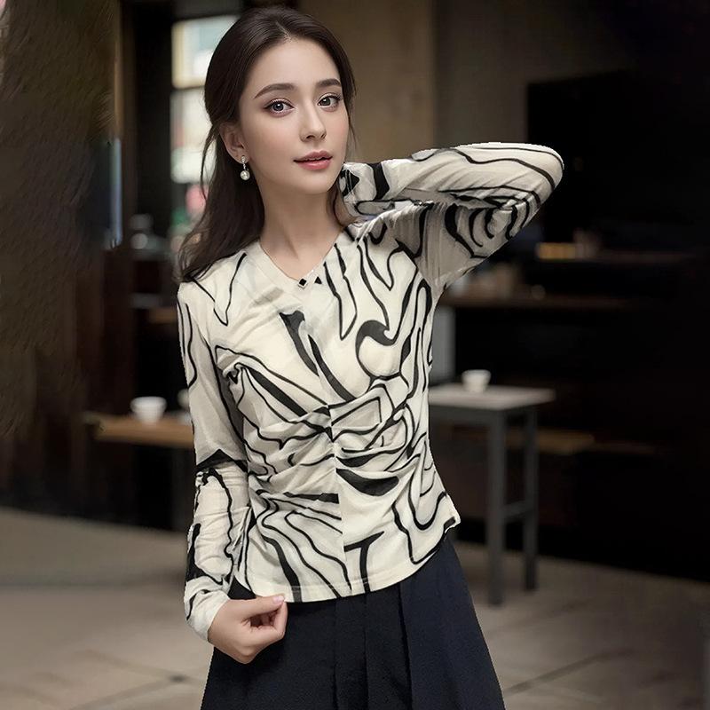 Весенняя новинка, топ с длинными рукавами, дизайнерская тонкая базовая рубашка для женщин, универсальная футболка с V-образным вырезом