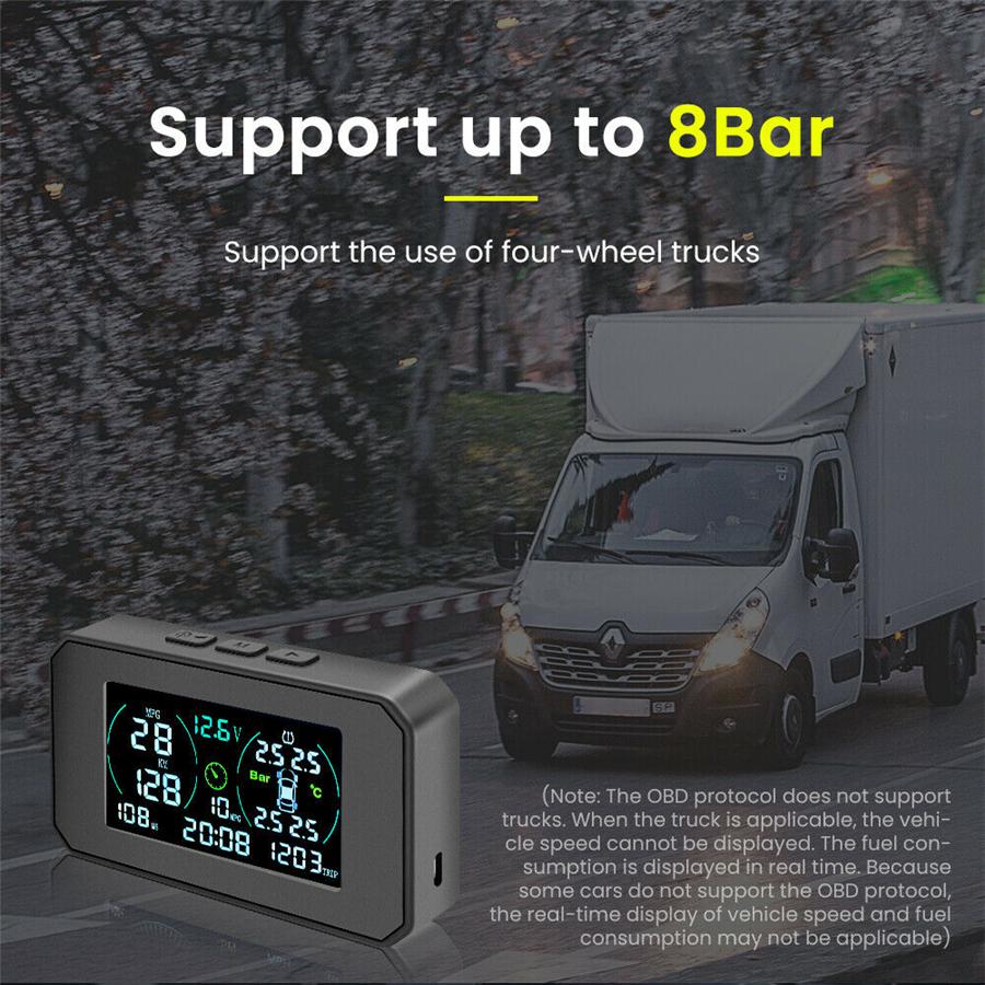 Wireless Car TPMS OBD2 HUD Solar USB Tire Pressure Monitoring 4 Internal Sensors speed/MPG