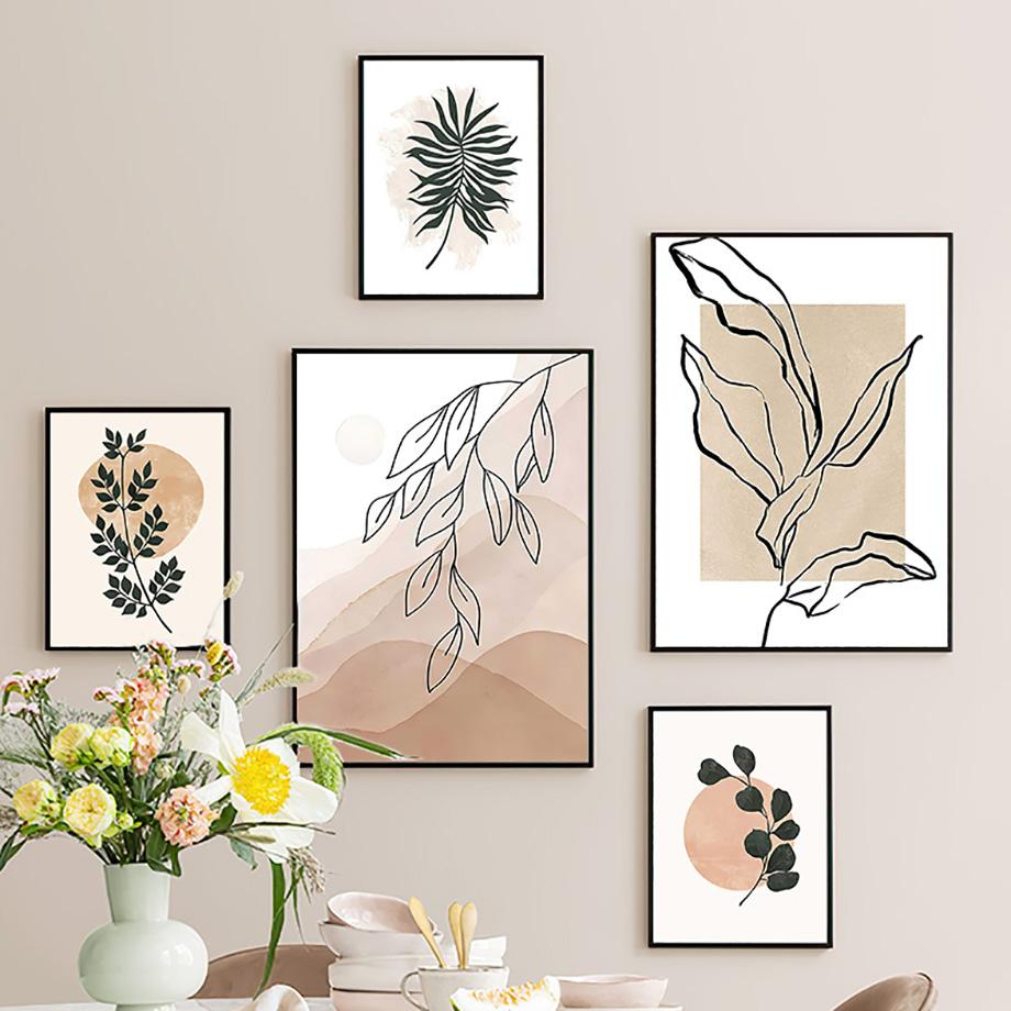 Beige Abstract Line Drawing Leaf Sun Natural Plant Boho Posters And Prints Canvas Painting Wall Art Pictures Living Room Decor