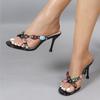 Мода Liyke Летняя Мода Цветной Ремешок с Драгоценными Камнями Женские Шлепанцы Сандалии Круглый Открытый Носок Тонкий Высокий Каблук Мюли Слайды Летние Туфельки для Вечеринки