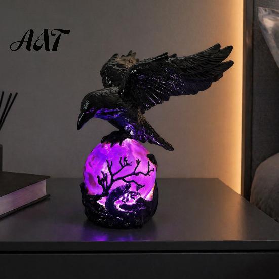 Hand Painted Sculpture Gothic Raven LED Ball Lamp, Mysterious Crow on Orb Sculpture, Whimsical Room Lighting Halloween Decorative Table Lamp