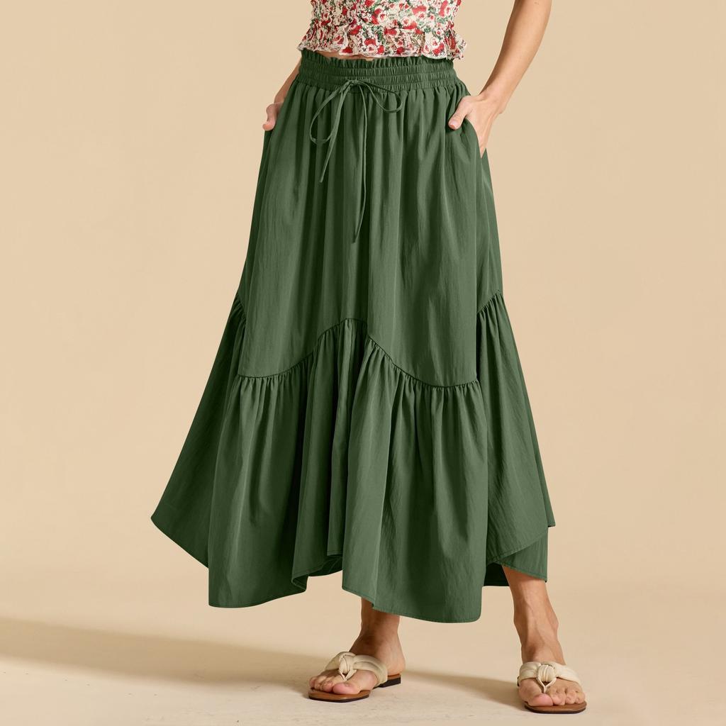 Женская модная однотонная юбка с высокой талией и эластичным поясом, с широкими карманами, в стиле ретро, с полудлинной юбкой