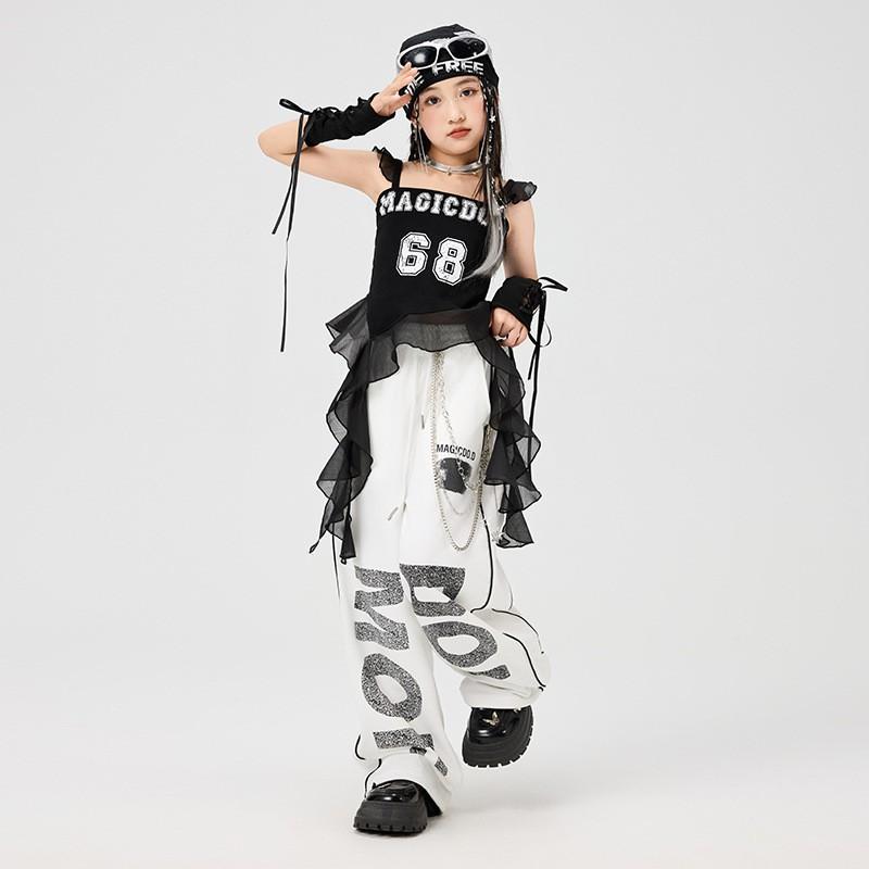 Girls Hip Hop Jazz Dance Performance Outfit Streetwear Stage Costume Kids 8 Years Black Crop Top White Printed Pants