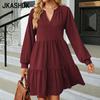 Women's Fashion Spring Autumn Solid Color Print Long Sleeve V-Neck Loose Casual Dresses