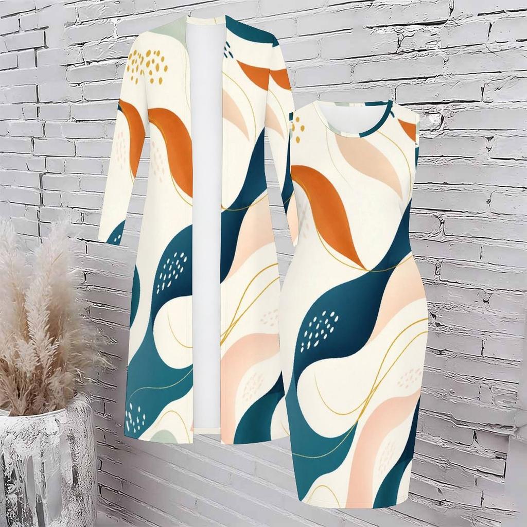 Women Plus Size Two Piece Set Abstract Printed Long Sleeve Open Front Cardigan Sleeveless Bodycon Dress