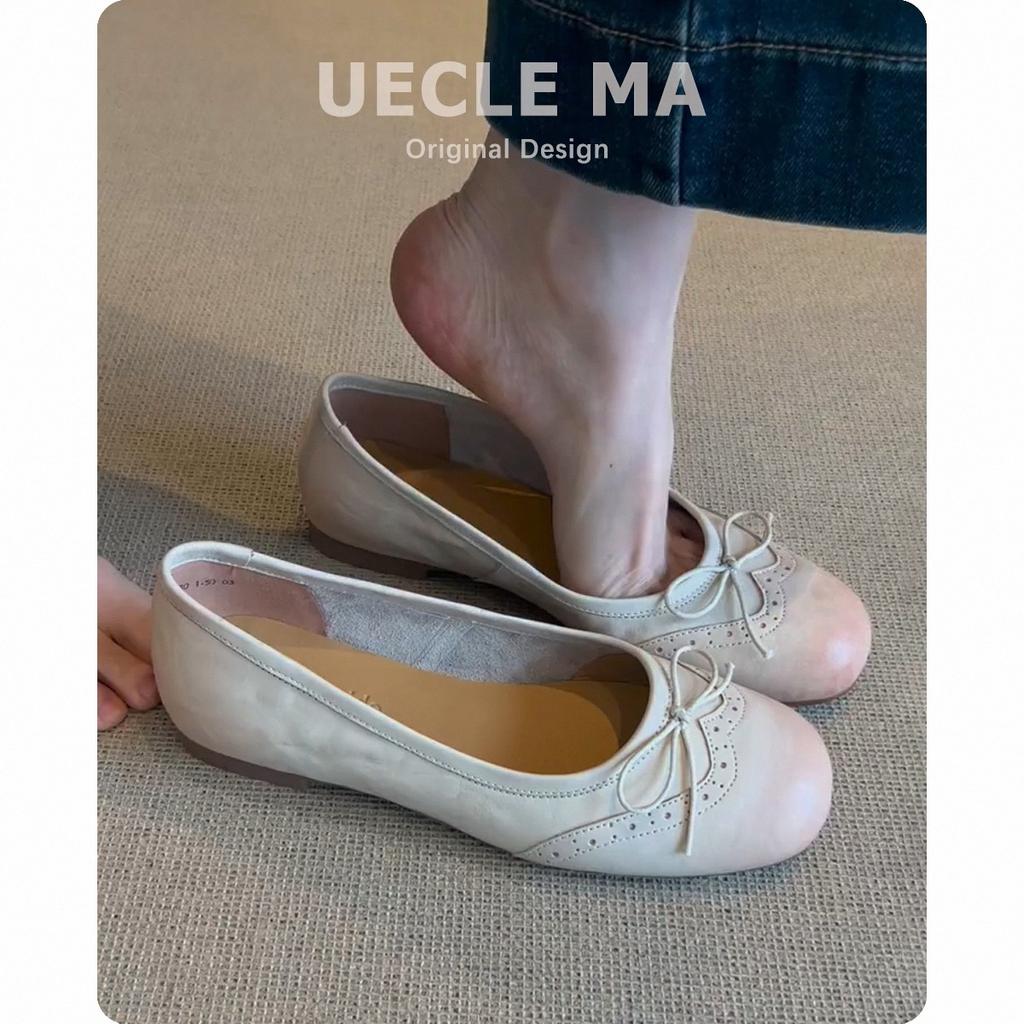 Cowhide Version~ Retro Leather French Single Shoes Women's Bow Ballet Shoes Flat Evening Shoes Beautiful Mary Jane Shoes