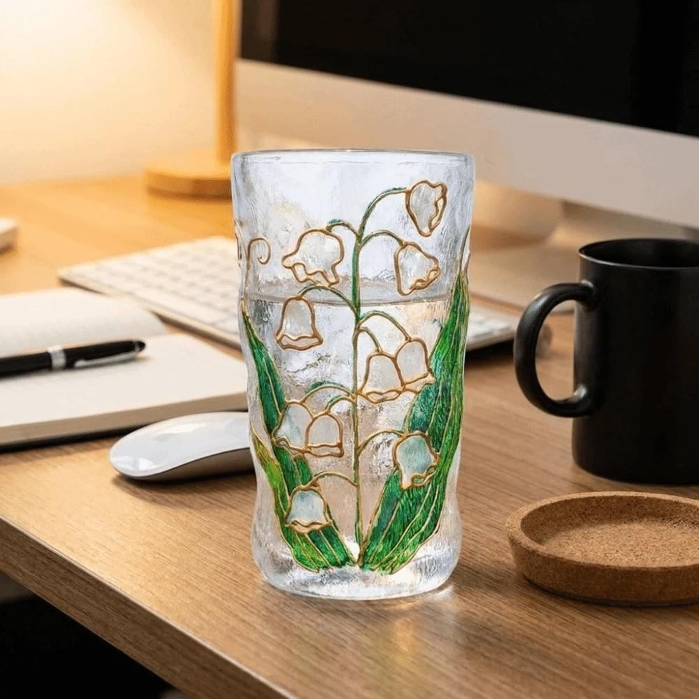 Glacier Texture Hand-Painted Glass Cup Flower Design Beer Cup Fashion Juice Cup  Tea Time