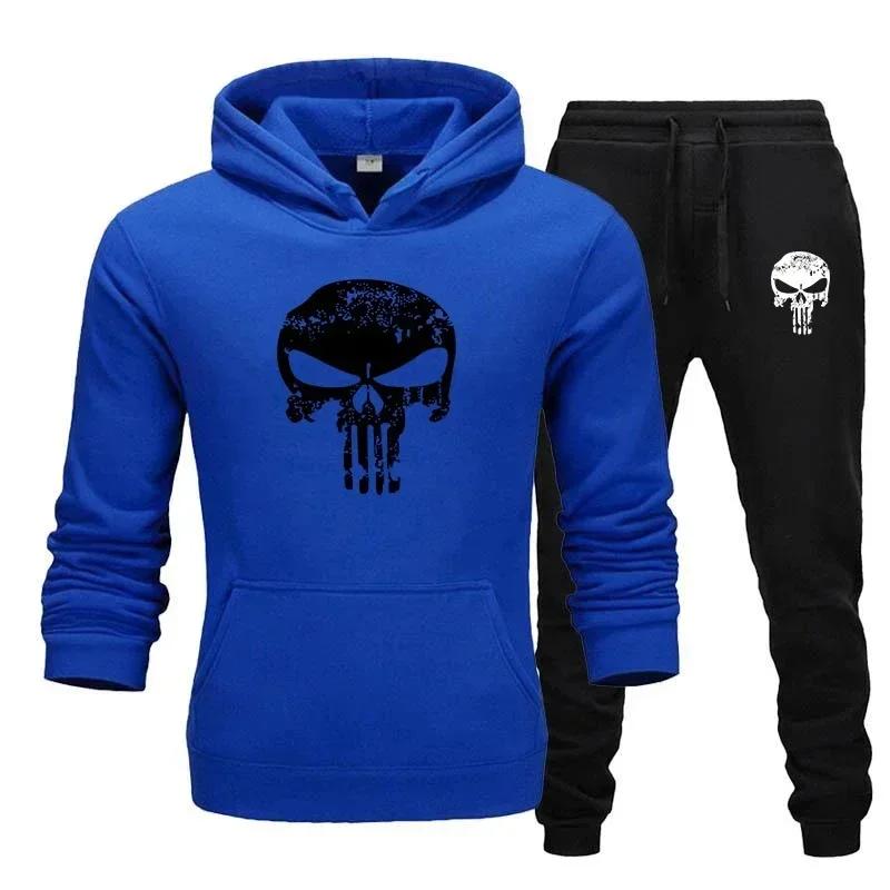 Мужской комплект: Худи и Джоггеры Worn-skull. Винтажный царапанный принт черепа на груди худи, тонкий рисунок кости на штанах. Теплый флисовый костюм для активного отдыха и дневных поездок.
