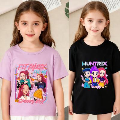 KPop Demon Hunters Мультяшный Принт Футболки Мода для Девочек Модные Удобные Короткие Рукава Летняя Универсальная Повседневная Футболка