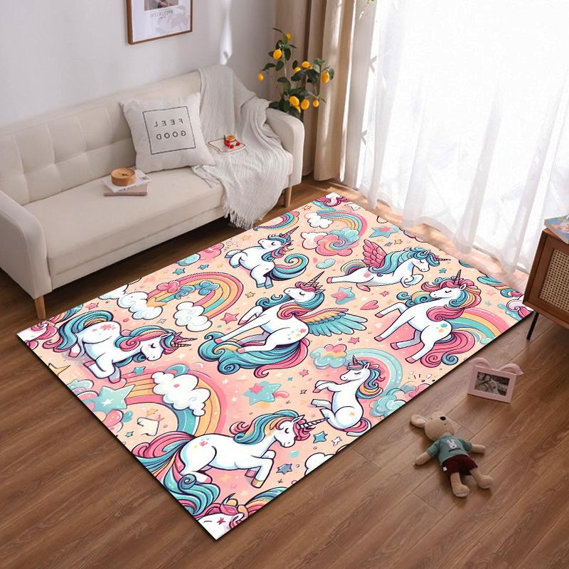 Colorful Unicorns, Rainbows, and Stars Non-slip rug suitable for living room and bedroom sofas
