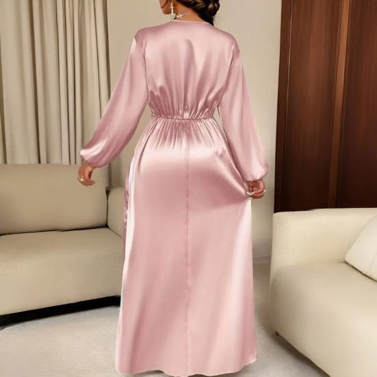 Женское летнее атласное платье-халат с V-образным вырезом, пышными элегантными длинными рукавами и приталенной талией, струящееся А-силуэта