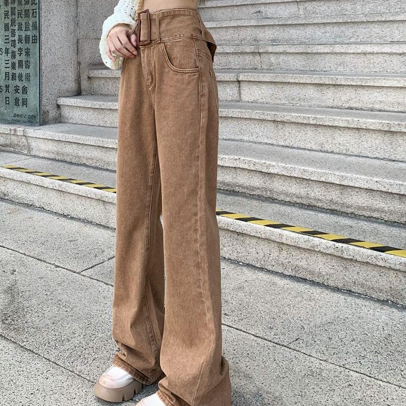Модные джинсы для женщин, винтажная уличная одежда, широкие брюки с высокой талией и поясом, стильные свободные повседневные брюки для колледжа