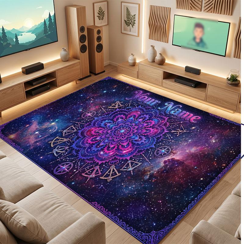 Space Cosmic Theme Crystal Velvet Floor Rug Personalized Custom Name Text Warm Carpet Home Decoration