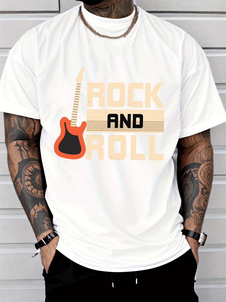 Unisex Blue Tee Retro Rock Roll Electric Guitar Graphic Print Short Sleeve Loose Casual Top For Adult Male Daily Street Wear Outfit