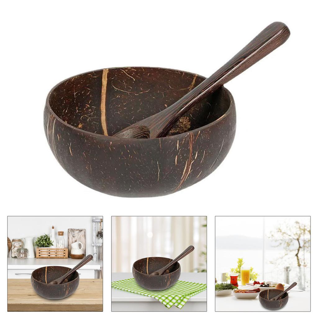 Natural Coconut Bowl Set with Wooden Spoon Eco Friendly Handcrafted Tableware for Salads and Smoothies
