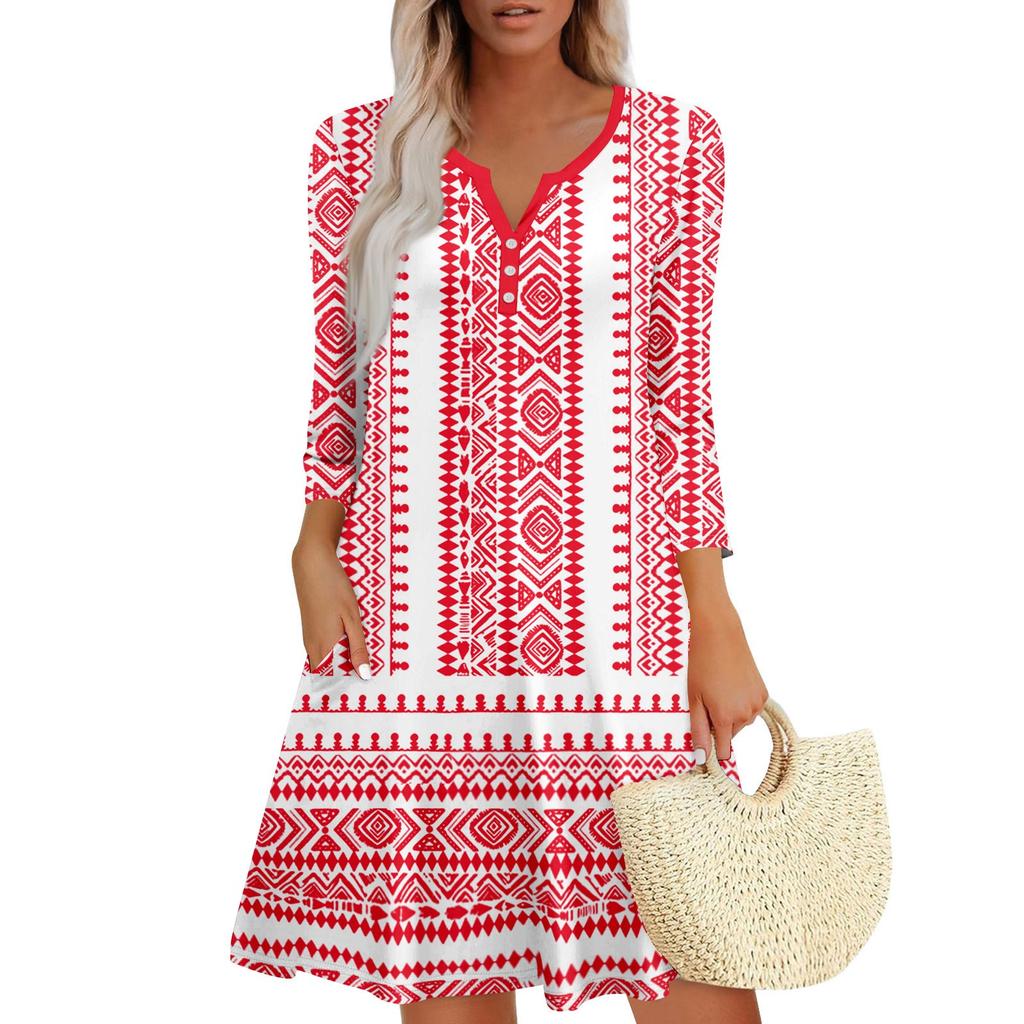Women's Summer Dress Loose V Neck Three-quarter Sleeve Sundress With Pockets Dress