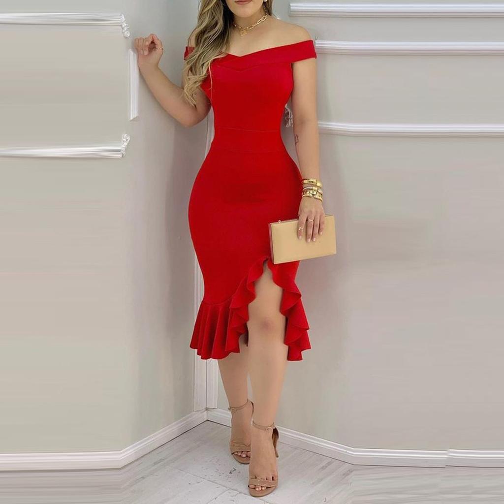 Женское сексуальное однотонное платье миди с открытыми плечами и открытой спиной с разрезом на молнии сзади, праздничное платье, коктейльные платья