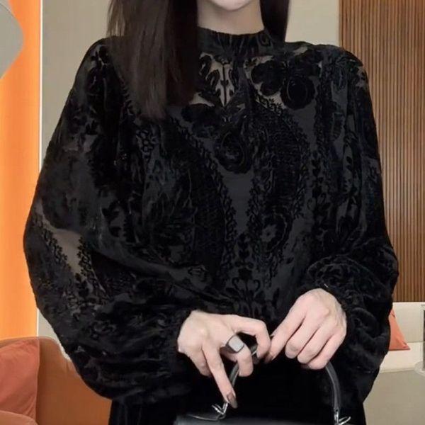 Кружевной флокированный топ для женщин, осенняя ажурная скульптурная рубашка с длинным рукавом спереди и сзади
