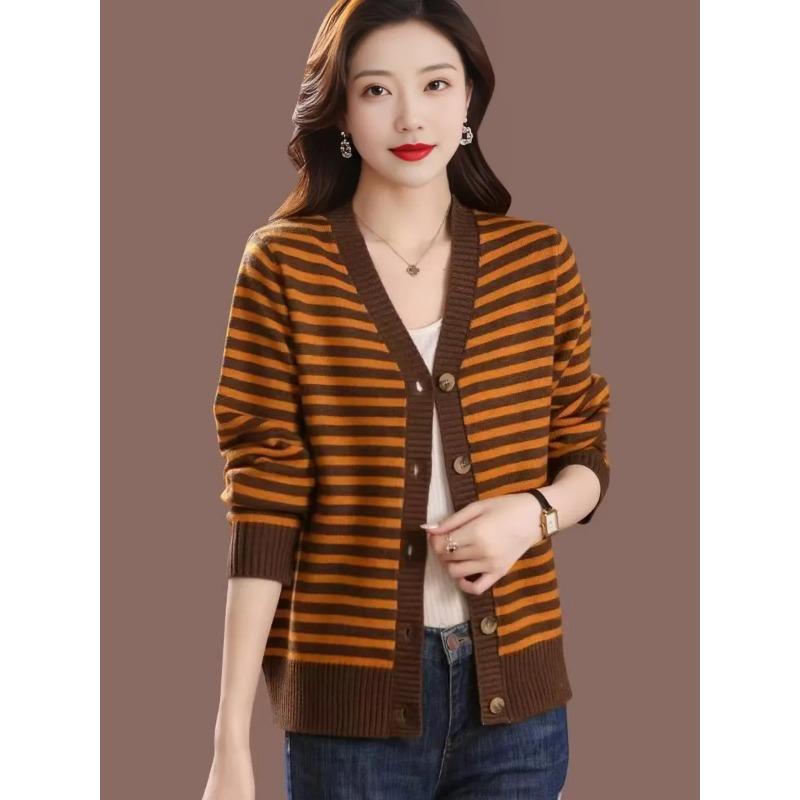 Мамин кардиган Весна Осень и Зима Полосатый воротник Куртка Новый женский вязаный топ
