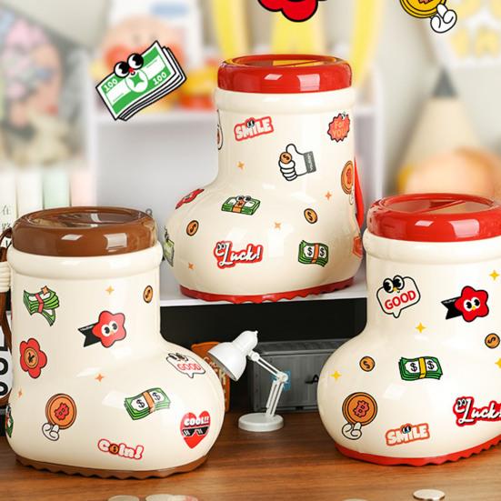 Мультяшная копилка-ботинок с наклейками DIY, контейнер для монет и наличных, для малышей, мальчиков, девочек, копилка для сбережений, домашний офис, настольное украшение