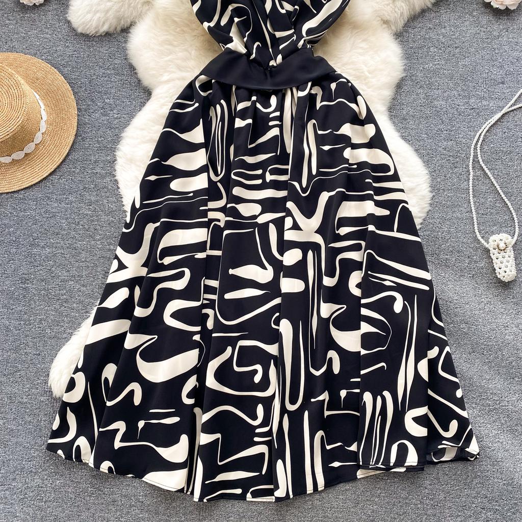 Summer Vintage Women Print Long Dress Elegant V-Neck Sleeveless High Waist A-Line Maxi Vestidos Female New Fashion Robe