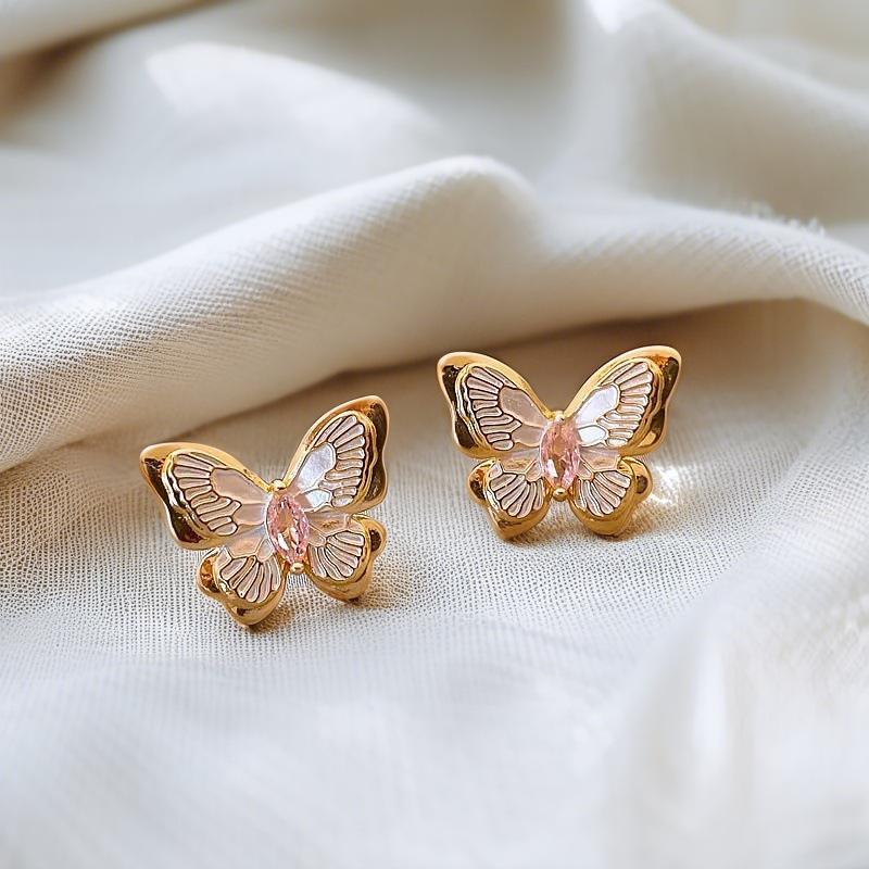 New French retro Mori butterfly stud earrings Monet Garden white dripping oil temperament super fairy earrings