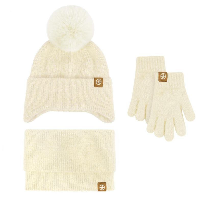 Детский унисекс шарф для тепла Зимний вязаный комплект из трех предметов для младенцев и малышей: шапка с защитой ушей, шарф, перчатки