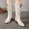 2025 Высокие сапоги Женские Осенние Винтажные Заостренный носок Вышитый рукав Узкие Ковбойские сапоги в западном стиле