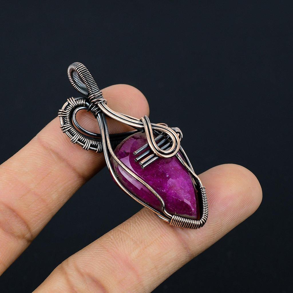 Рубиновый кулон Ювелирные изделия из драгоценных камней, Кулон ручной работы, обернутый медной проволокой 999 пробы, Ювелирные изделия новейшего дизайна