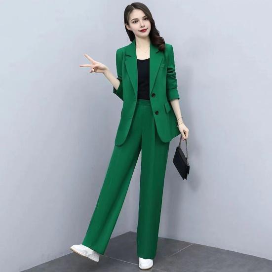 Spring Autumn Thin Section Blazer Women's Lapel Button Section Jacket + Casual Straight Trousers Two Piece Set