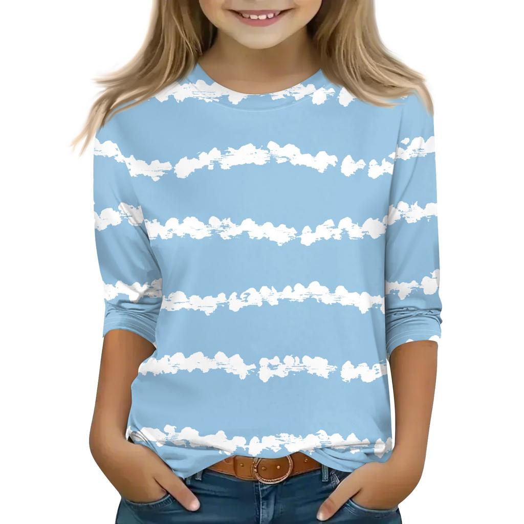 Print Tops For Youth Girls 5-16 Years Round Neck 3/4 Sleeves T-Shirts Trendy Tops Outfit Tees