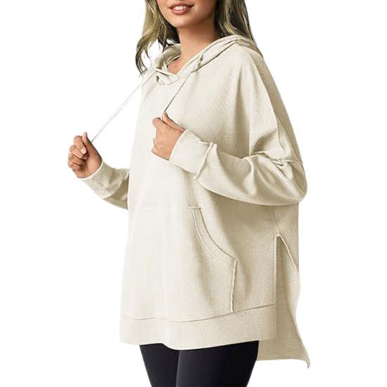 Осень-весна Женская толстовка с капюшоном, большим карманом, завязками на шнурке, свободным разрезом, однотонная вафельная текстура, свободный трикотажный спортивный топ
