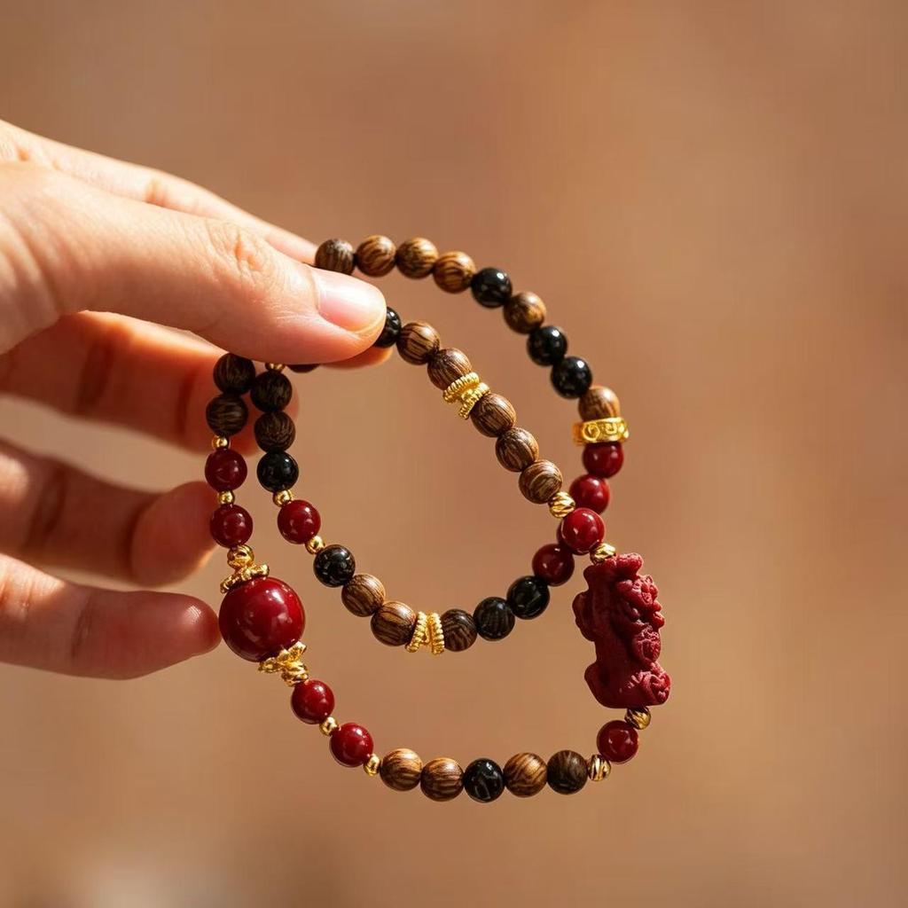 New Boutique Exquisite Carving Agarwood & Cinnabar Pixiu Multi-Circle Bracelet.