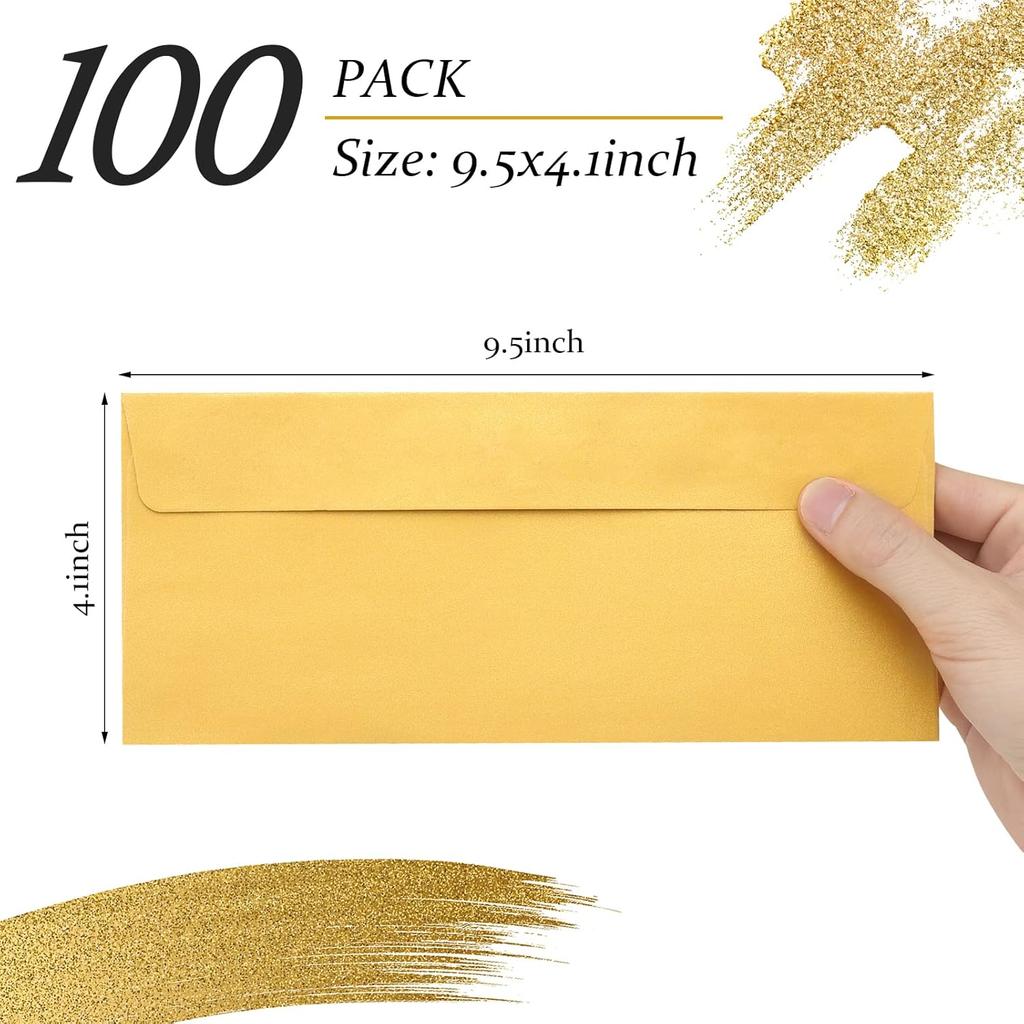 100 Pack Gold Metallic #10 Business Envelopes 4-1/8 x 9-1/2 in Square Flap Mailing Envelopes for Office, Business Letterhead, Invoices, Personal