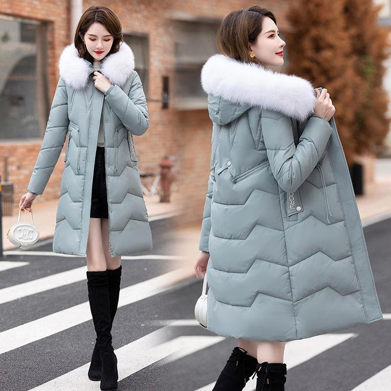Пуховик женский средней длины и длинный новый приталенный с меховым воротником теплый пуховый утолщенный зимний