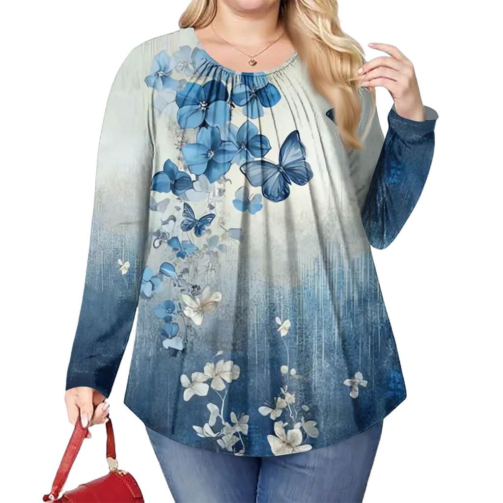 Женский модный топ большого размера с принтом, повседневный плиссированный, с круглым вырезом и длинными рукавами