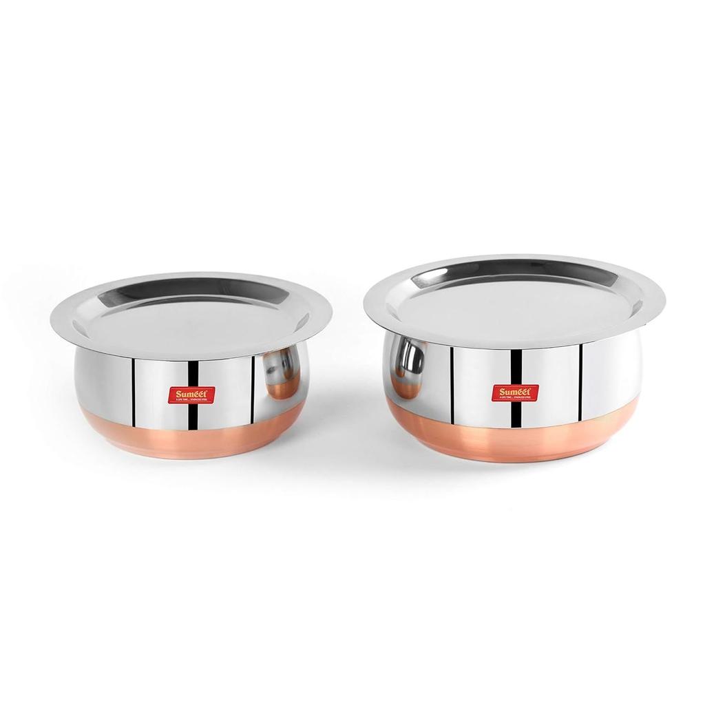 Stainless Steel Copper Bottom Belly Shape 2 Pc Tope/Cookware/Pot Set with Lid 1.1 Liter, 1.4 Liter (Silver)