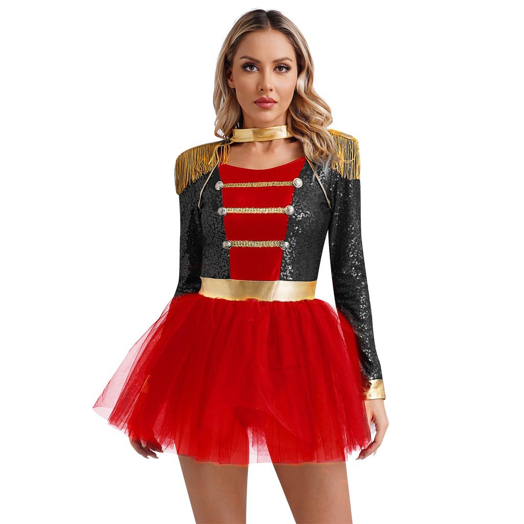 Womens Circus Ringmaster Tutu Dress Long Sleeve Tassel Shoulder Sequins Tulle Skirt Halloween Cosplay Costume