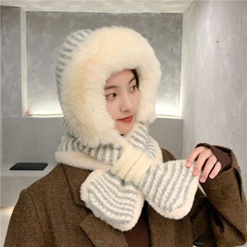 Осень Зима Женская Универсальная Милая Северо-восточная Плюшевая Шапка Лей Фэн со Встроенным Шарфом Защита Ушей Теплая Трендовая Шапка Лей Фэн