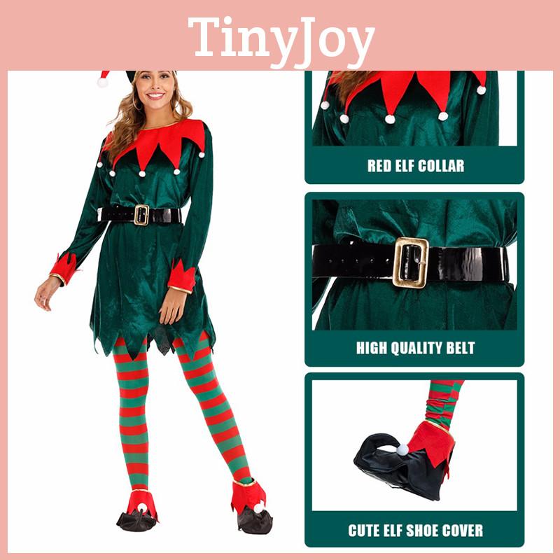 Women's Festive Xmas Elf Outfit Velvet Cosplay Costume With Bells
