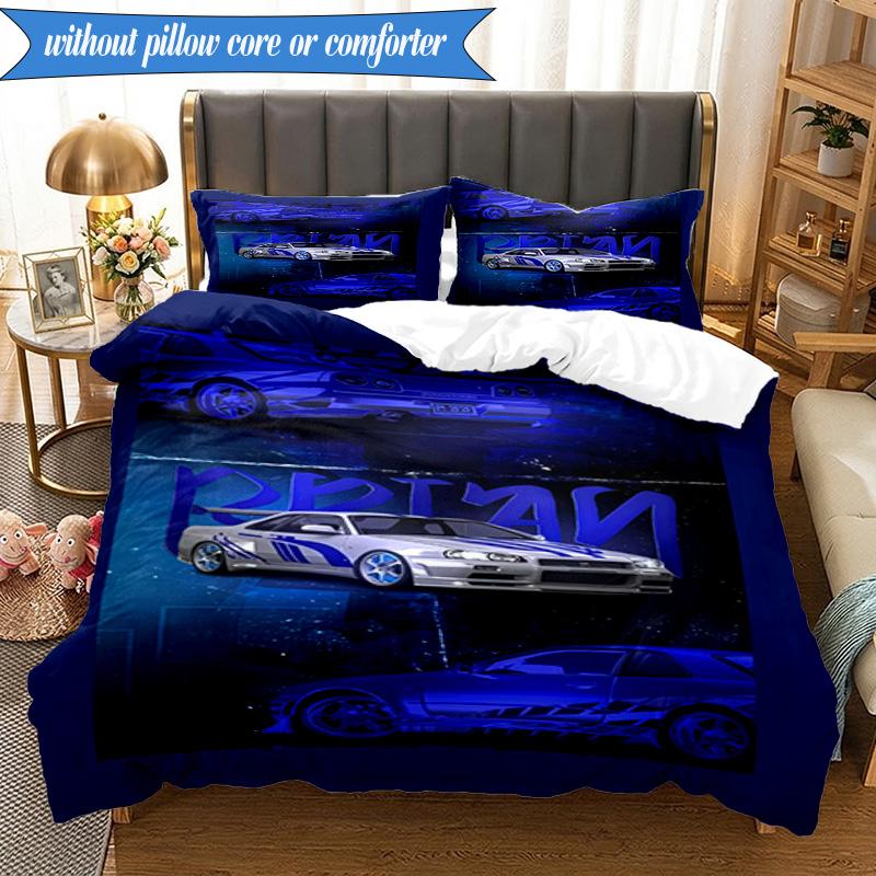 3PCS Skyline Blue Racing Spirit Speed Style Bedding Set 2D Printing (Includes 1 Duvet Cover + 2 Pillowcases Coreless), Bedroom decor,Fan gift