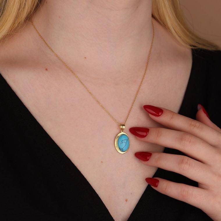 Ожерелье из бирюзы с линейным драгоценным камнем для женщин, ожерелье из золота или серебра для женщин, овальный кулон с драгоценным камнем, изящный подарок по случаю дня рождения