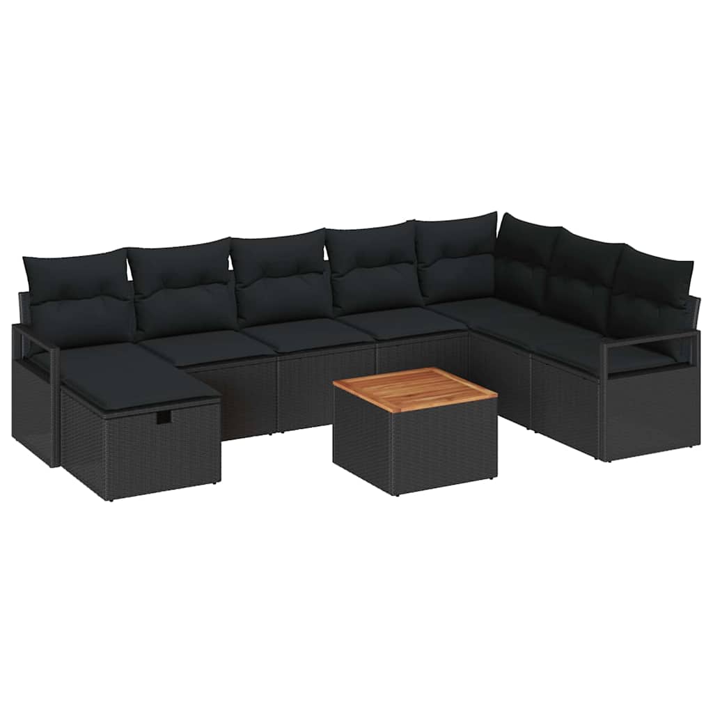 9 Piece Black Poly Rattan Garden Sofa Set with Cushions