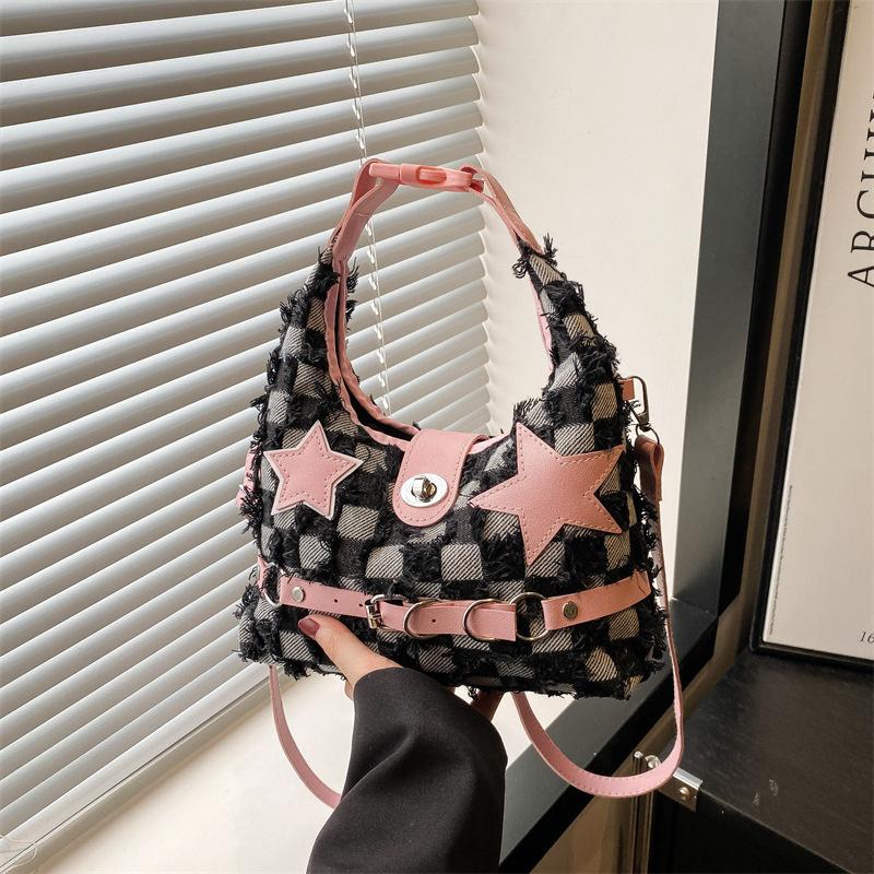 Pink Star Purse and Handbags Aesthetic Plaid Denim Shoulder Bag Punk Leisure Outdoor Crossbody Bag For Women CLE