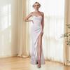 Женское вечернее платье на тонких бретельках с глубоким вырезом и открытыми плечами, без рукавов, с разрезом по низу, плиссированное макси-платье из атласа, свадебное банкетное бальное платье
