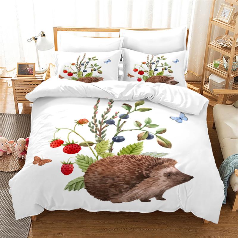 Hedgehog Bedding Set Cute Kawaii Wildlife Comforter Cover With Pillowcases For Kids Boys Girl Polyester Bedding Set King Size