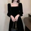 Маленькое черное платье французского стиля, новая коллекция весна-осень, рукав-фонарик, квадратный воротник, юбка А-силуэта средней длины