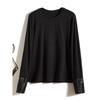 Woven Cotton Stretch Cotton Tops! Elegant Women's Round Neck Bead Long Sleeves Black Slim Looking T-shirt Spring & Fall Winter Bottoming Shirt